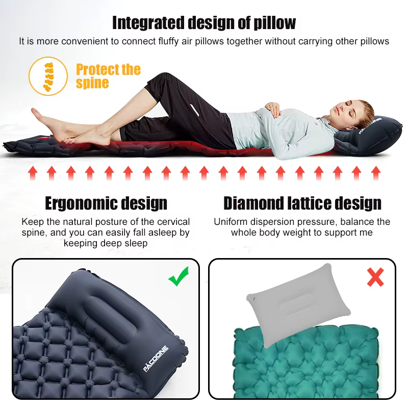 PACOONE Outdoor Camping Sleeping Pad Inflatable Mattress with Pillows Ultralight Air Mat Built-in Inflator Pump Travel Hiking - Image 4